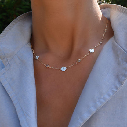 3 Letter & 4 Petite Birthstone Necklace in 14k Gold (Double Spacing)