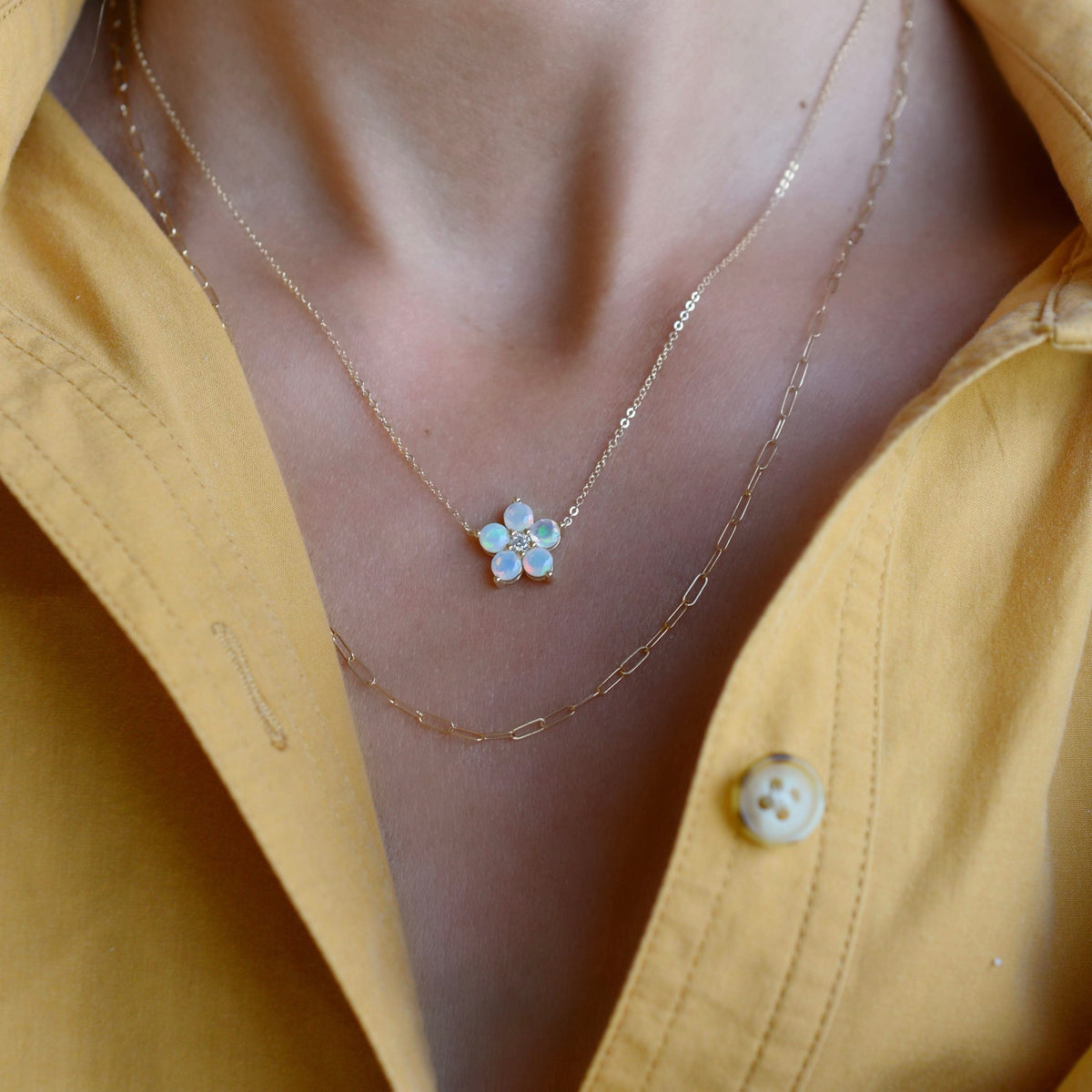 Greenwich Flower Opal & Diamond Necklace and Earrings Set in 14k Gold (October)
