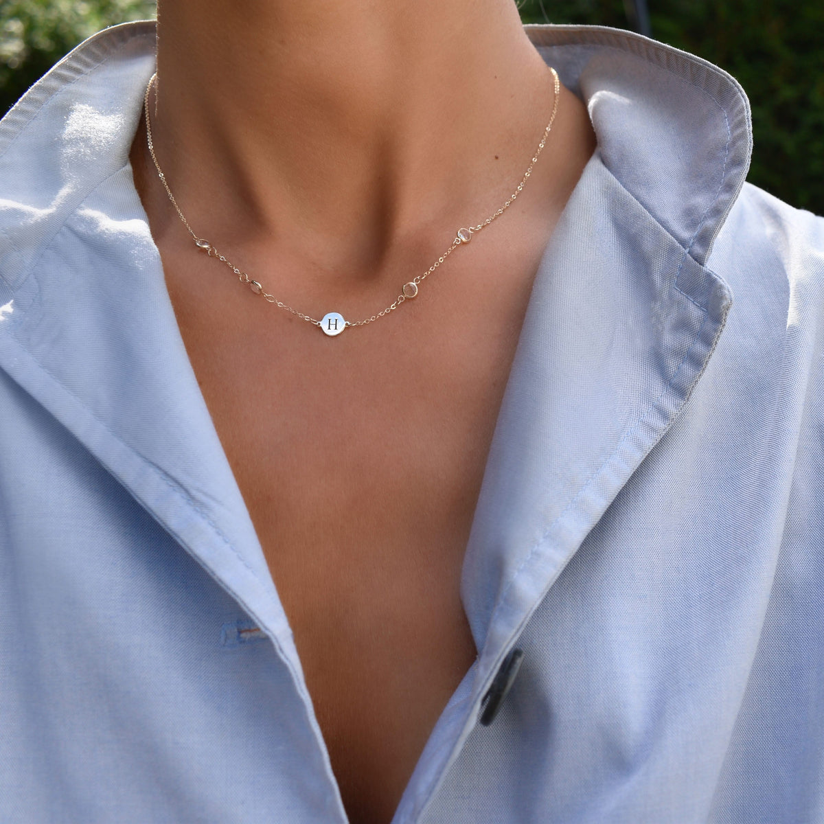 1 Letter & 4 Petite White Topaz Necklace in 14k Gold (April)