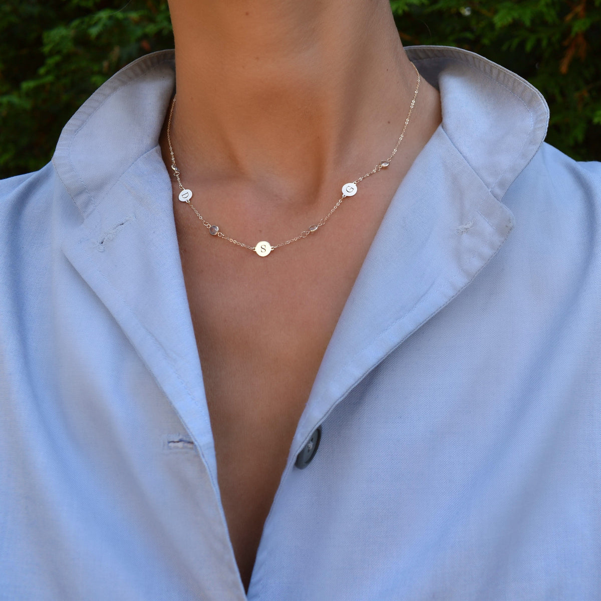 3 Letter & 4 Petite Birthstone Necklace in 14k Gold (Double Spacing)