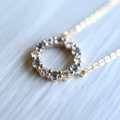 Rosecliff Small Circle Diamond & Aquamarine Necklace in 14k Gold (March)