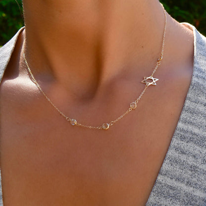 Star of David & Petite 4 Birthstone Necklace in 14k Gold