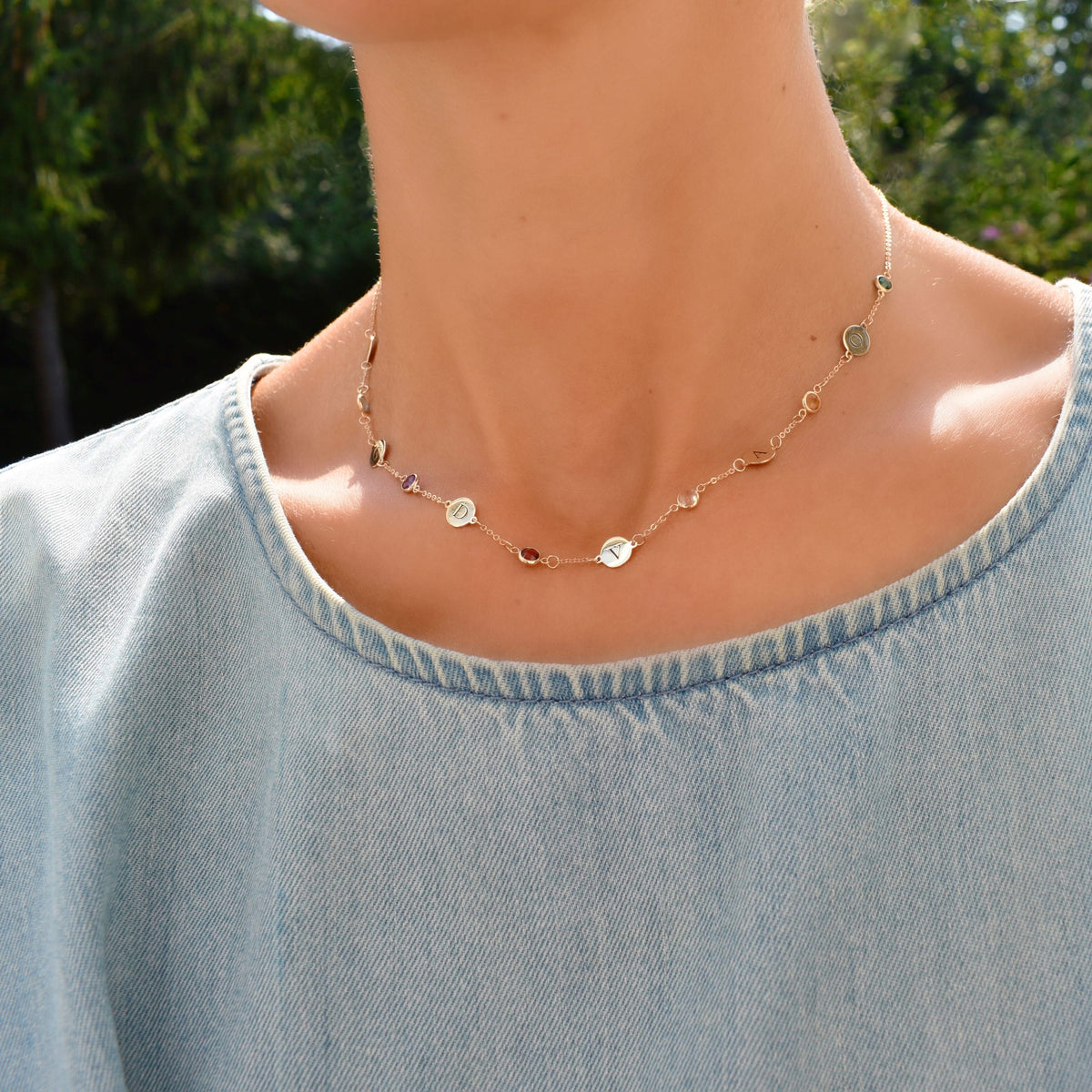 6 Letter & 6 Petite Birthstone Necklace in 14k Gold (Single Spacing)