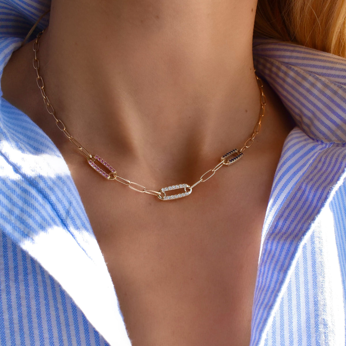 Adelaide 3 Pavé Birthstone Link Necklace in 14k Gold