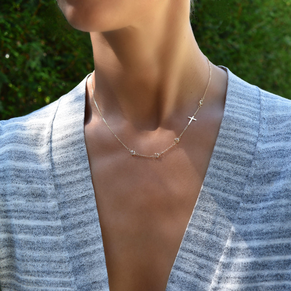 Cross & Petite 4 Birthstone Necklace in 14k Gold