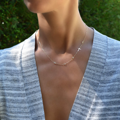 Cross & Petite 4 Birthstone Necklace in 14k Gold