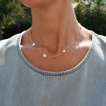 7 Letter & 7 Petite Birthstone Necklace in 14k Gold (Single Spacing)