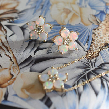 Greenwich Flower Opal & Diamond Necklace and Earrings Set in 14k Gold (October)