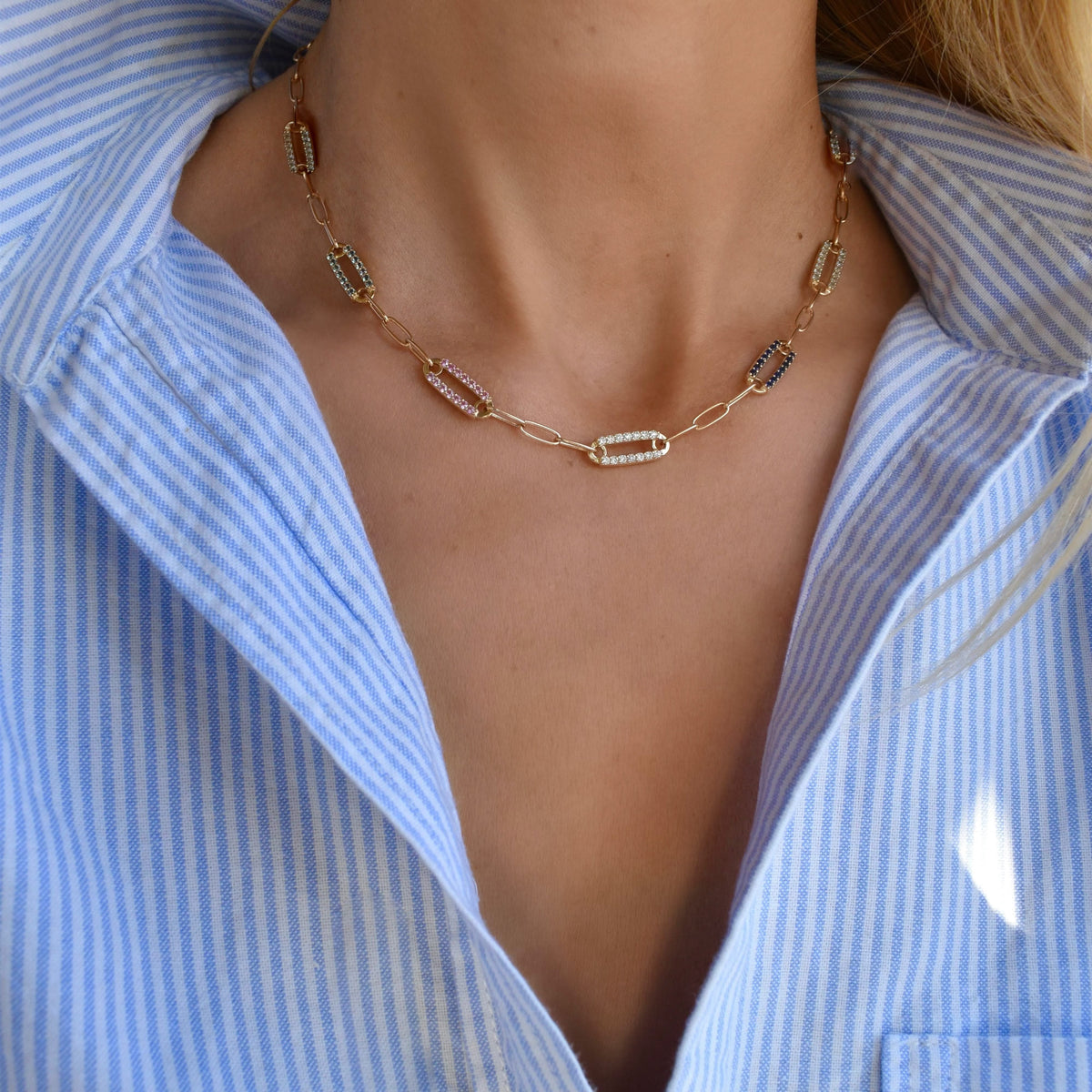 Adelaide 7 Pavé Birthstone Link Necklace in 14k Gold
