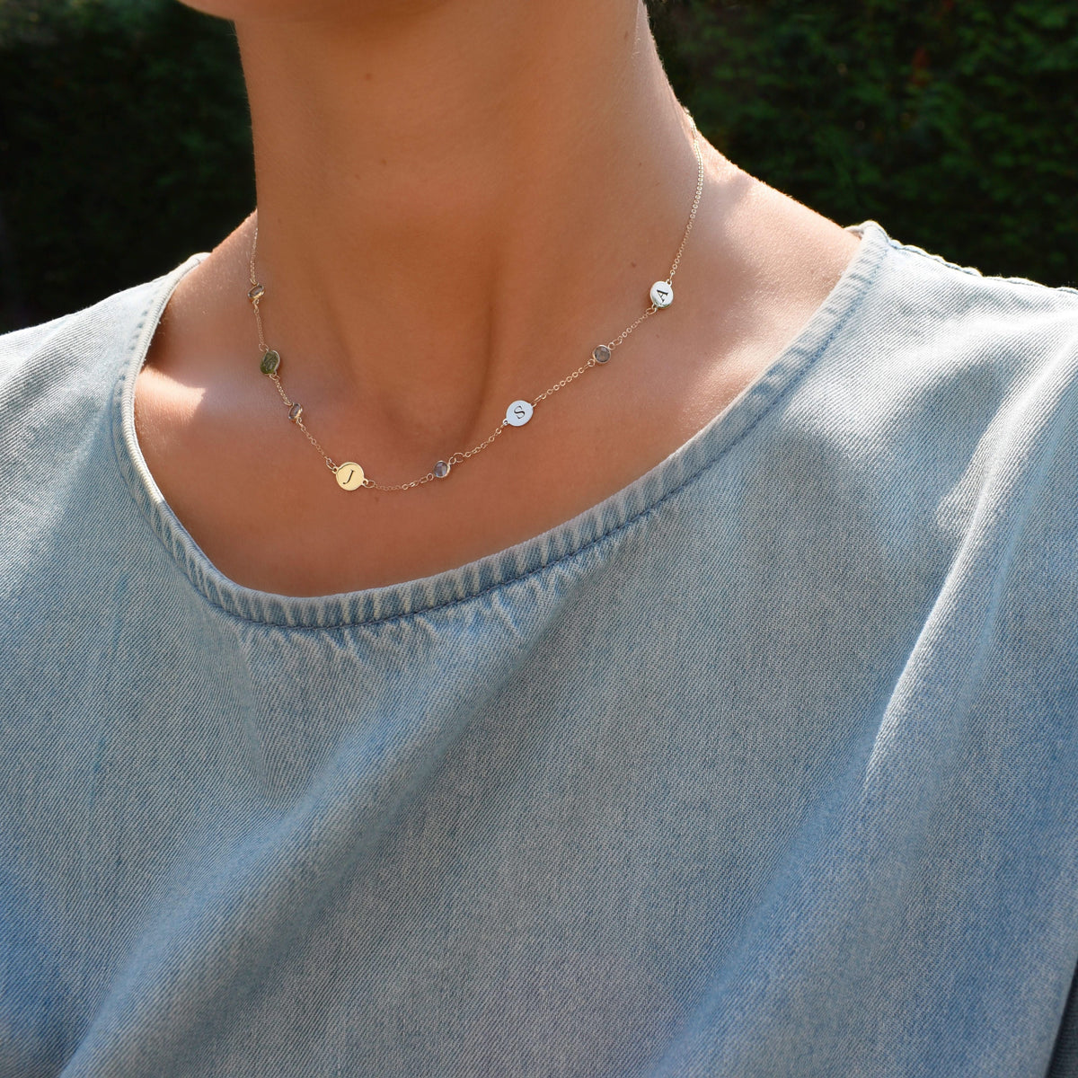 5 Letter & 5 Petite Birthstone Necklace in 14k Gold (Single Spacing)