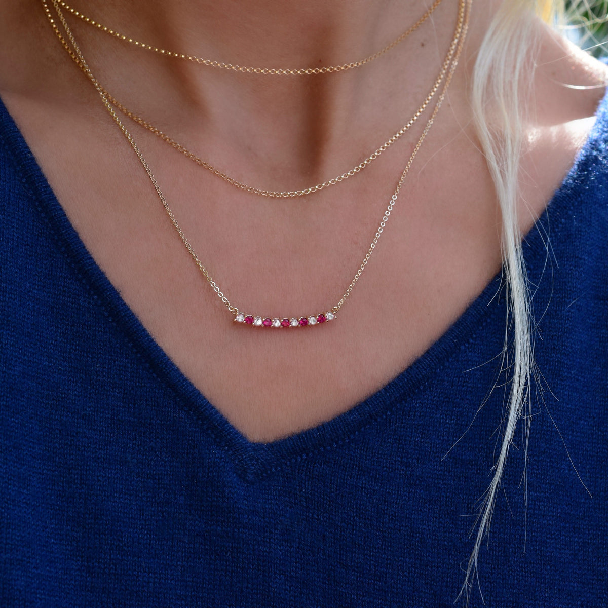 Rosecliff Diamond & Ruby Bar Necklace in 14k Gold (July)
