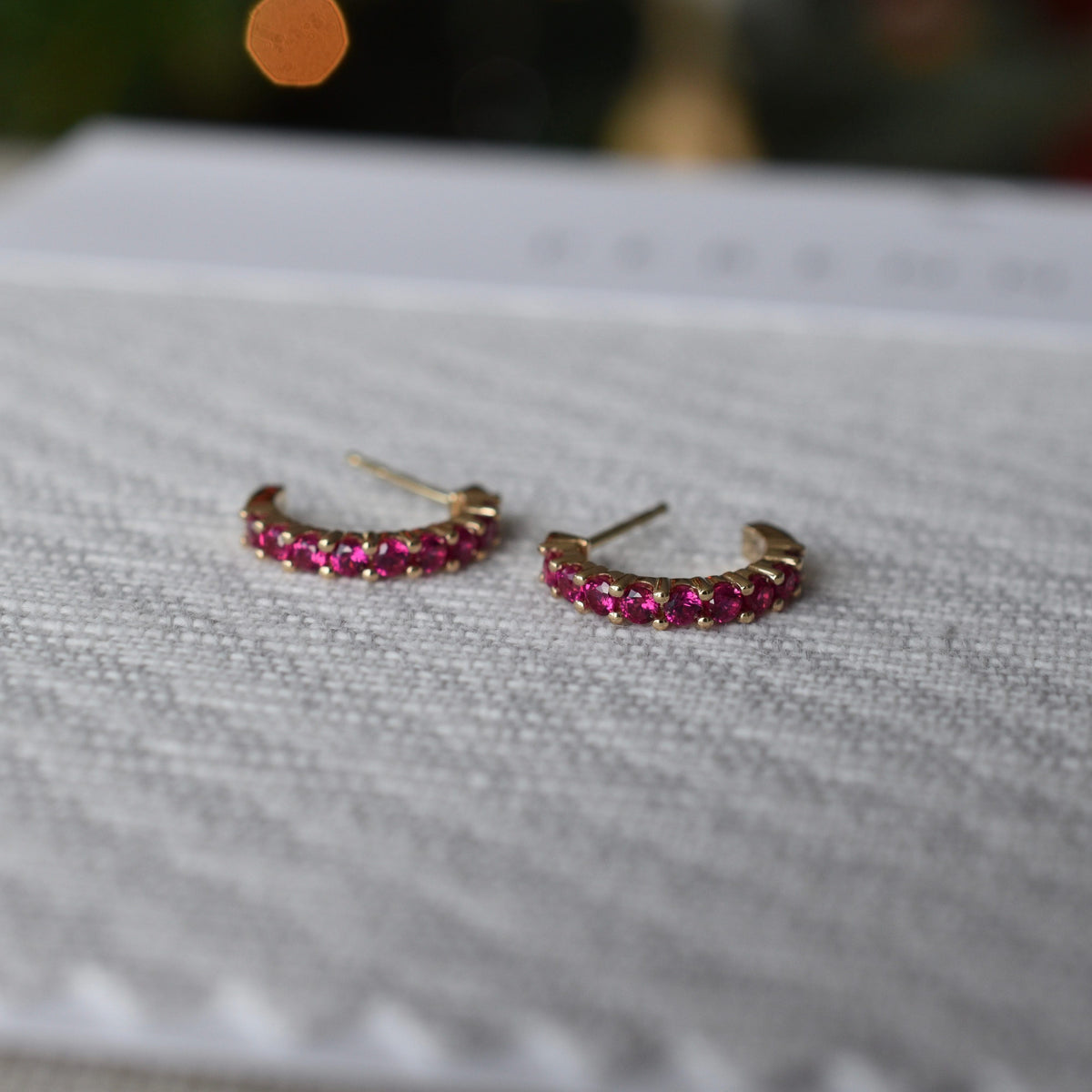 Rosecliff Ruby Huggie Hoop Earrings in 14k Gold (July)