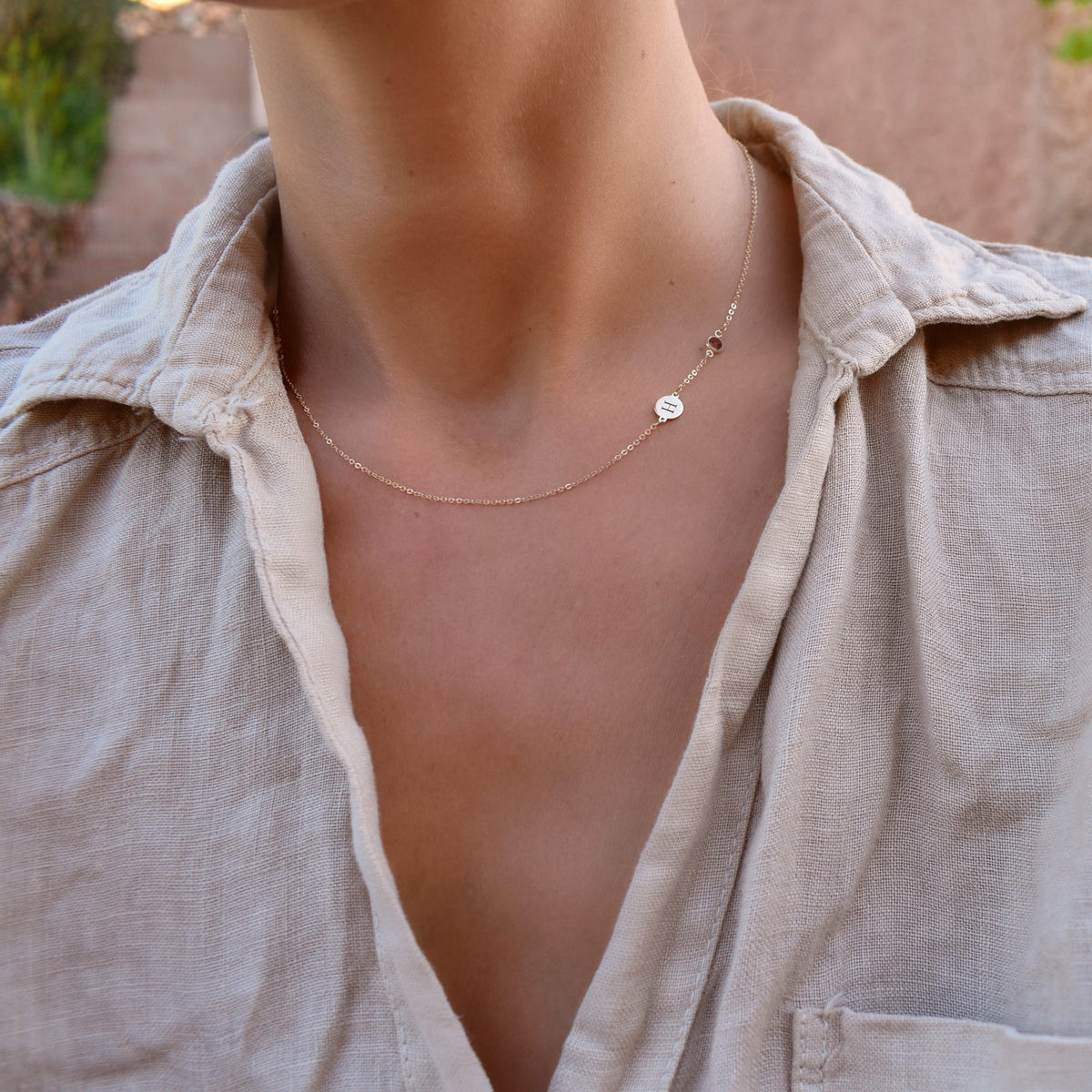 1 Letter & 1 Petite Garnet Necklace in 14k Gold (January)