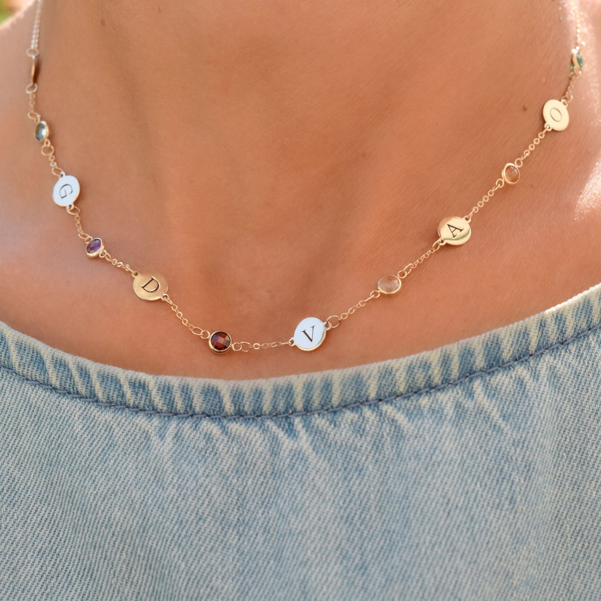 6 Letter & 6 Petite Birthstone Necklace in 14k Gold (Single Spacing)