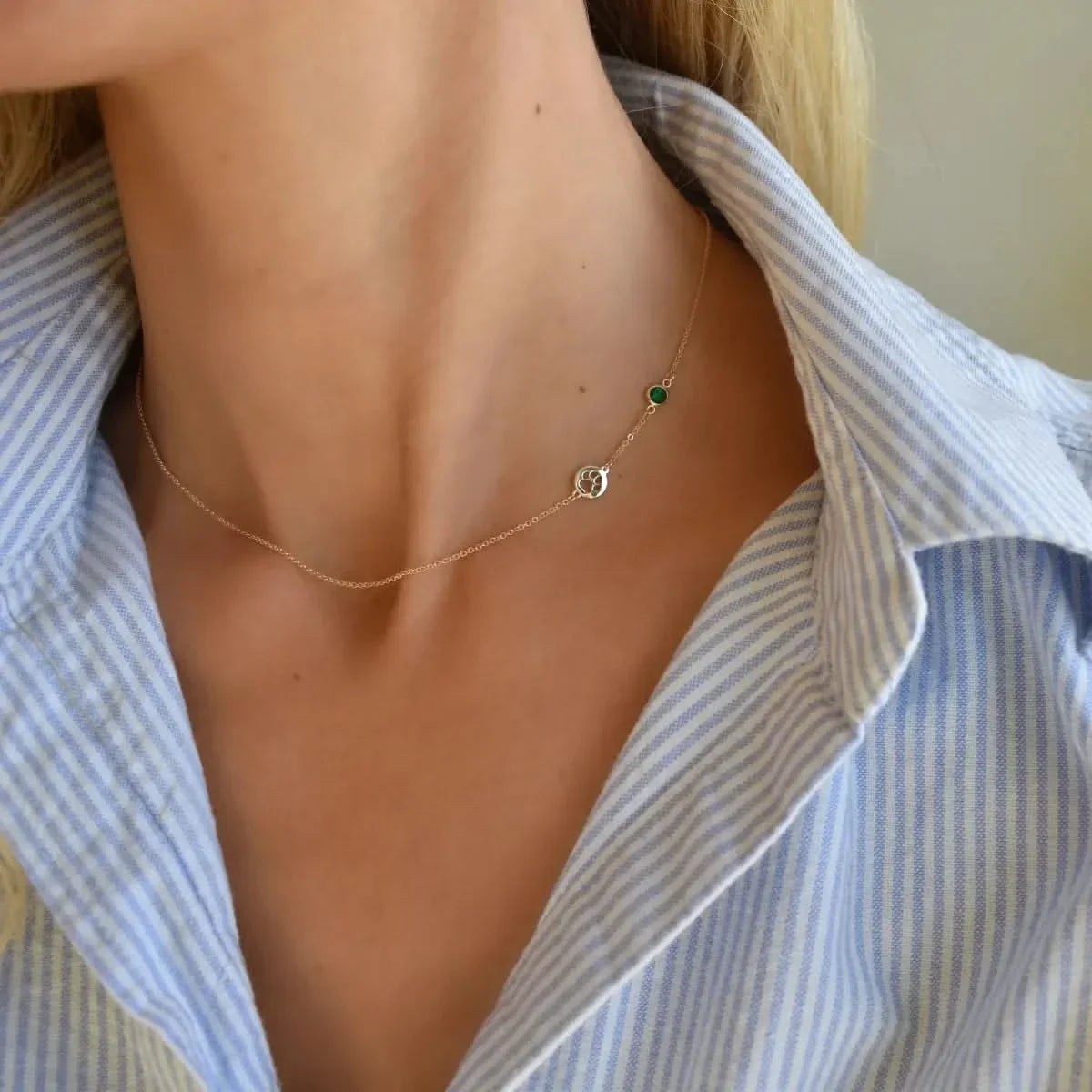 Paw & Petite Birthstone Necklace in 14k Gold (Asymmetrical)