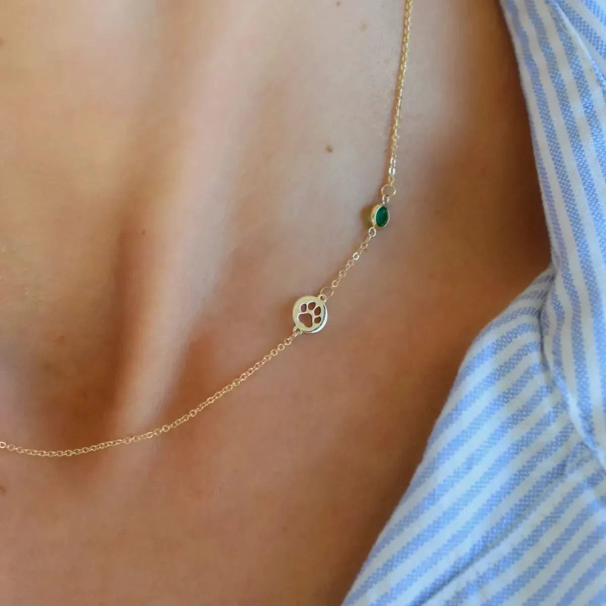 Paw & Petite Birthstone Necklace in 14k Gold (Asymmetrical)