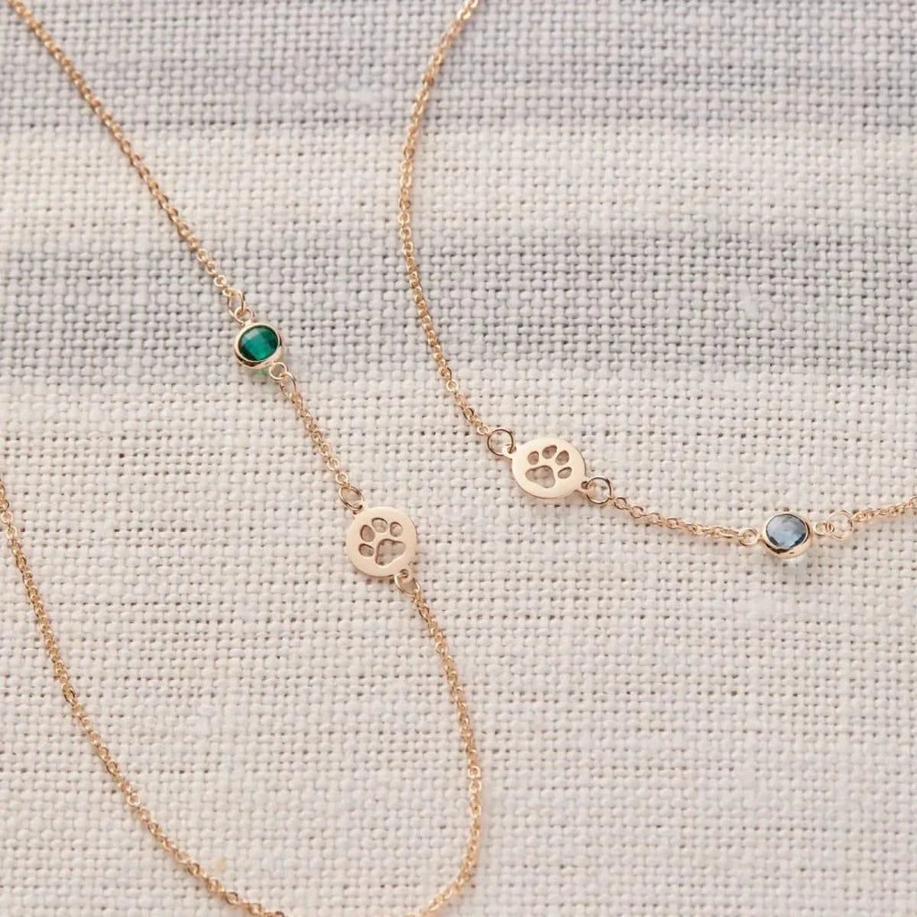 Paw & Petite Birthstone Necklace in 14k Gold (Asymmetrical)