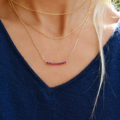 Rosecliff Ruby Bar Necklace and Huggie Hoop Earrings Set in 14k Gold (July)
