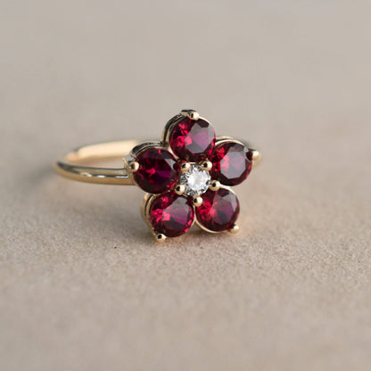 Greenwich Flower Ruby & Diamond Ring in 14k Gold (July)