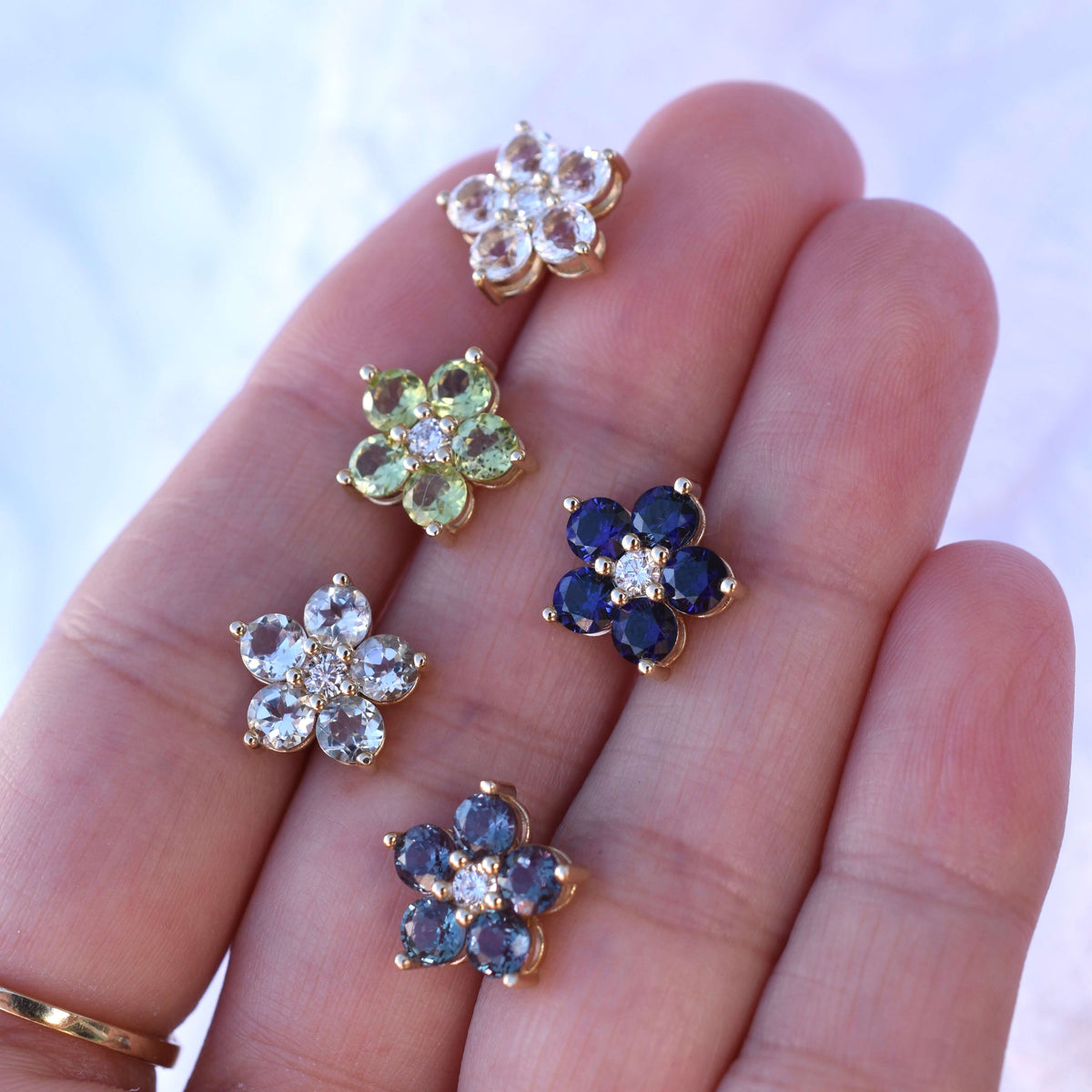 Greenwich Flower Aquamarine & Diamond Earrings in 14k Gold (March)