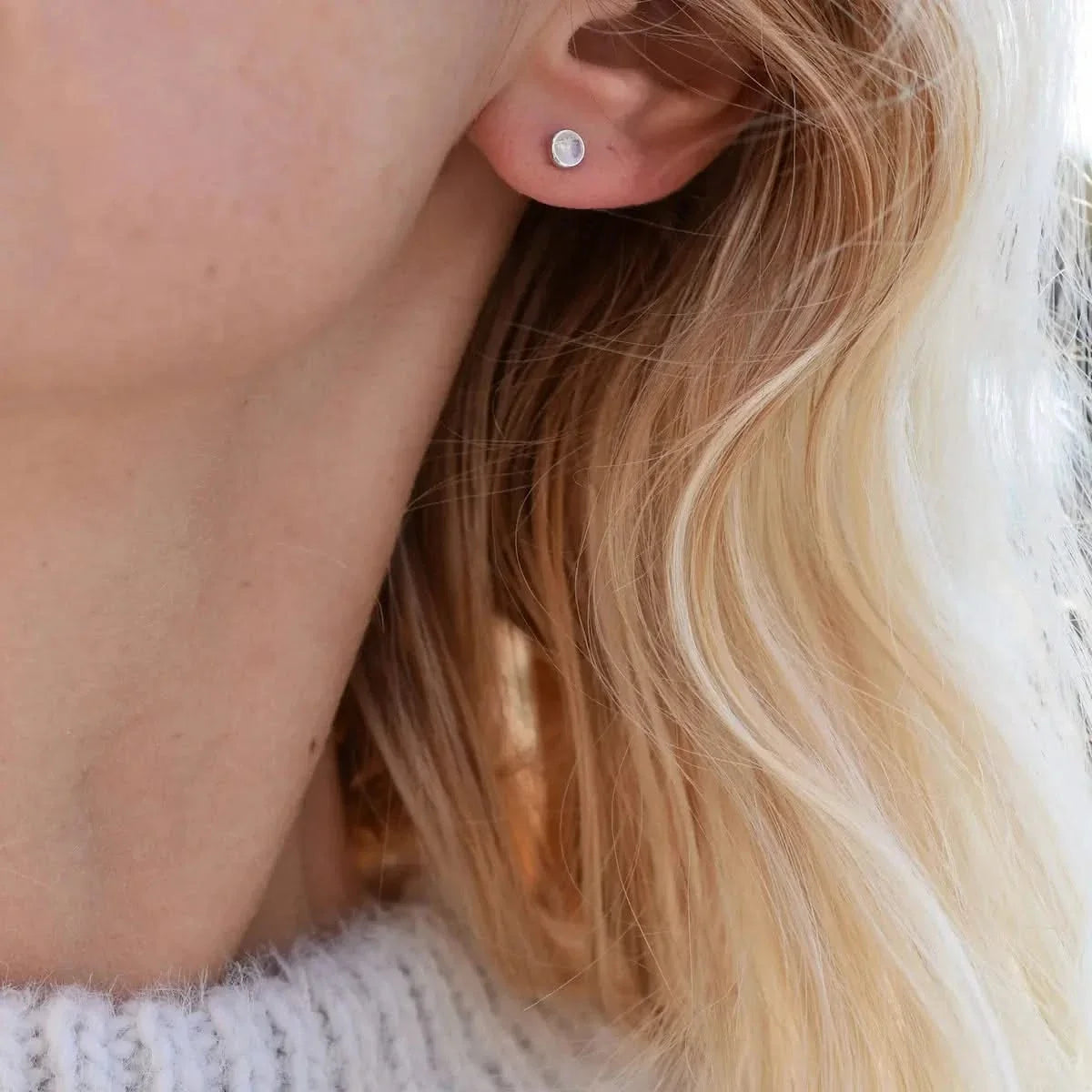 Petite Moonstone Stud Earrings in 14k Gold (June)
