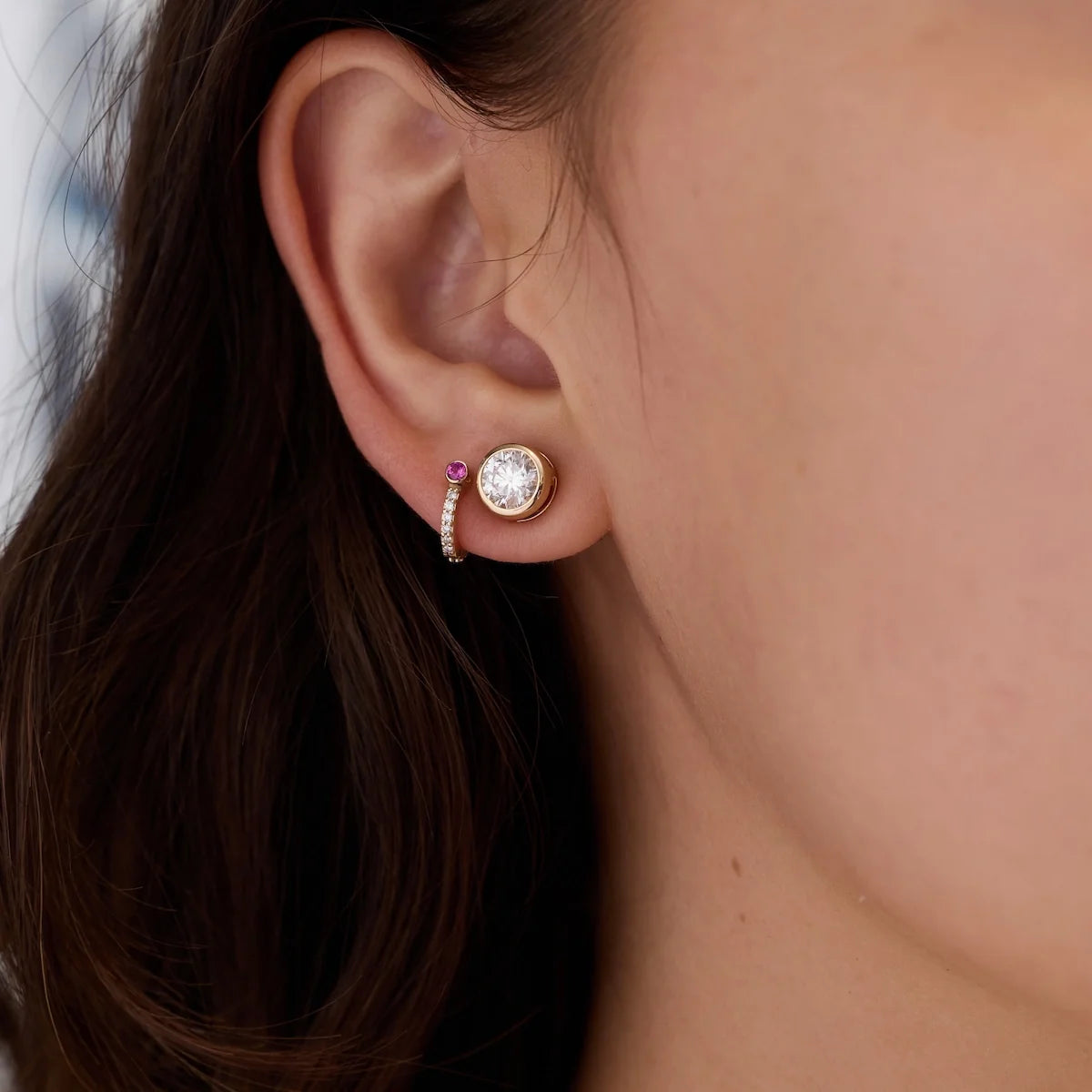 Tiny Ruby Huggie Hoops with Diamonds in 14k Gold (July)