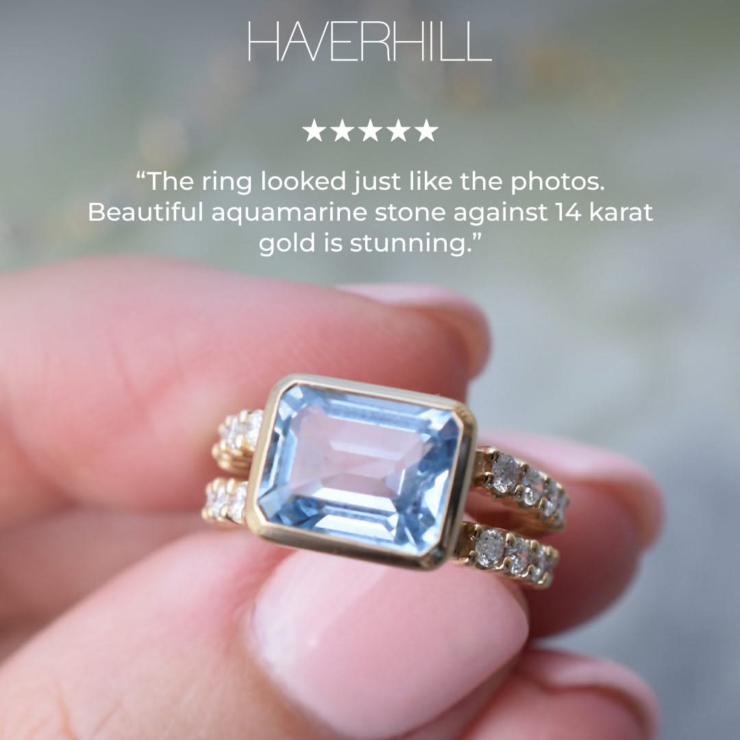 Warren Horizontal Aquamarine Ring with Diamonds in 14k Gold (March)