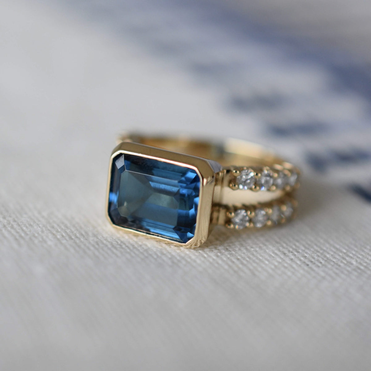 Warren Horizontal Atlantic Blue Topaz Ring with Diamonds in 14k Gold (December)