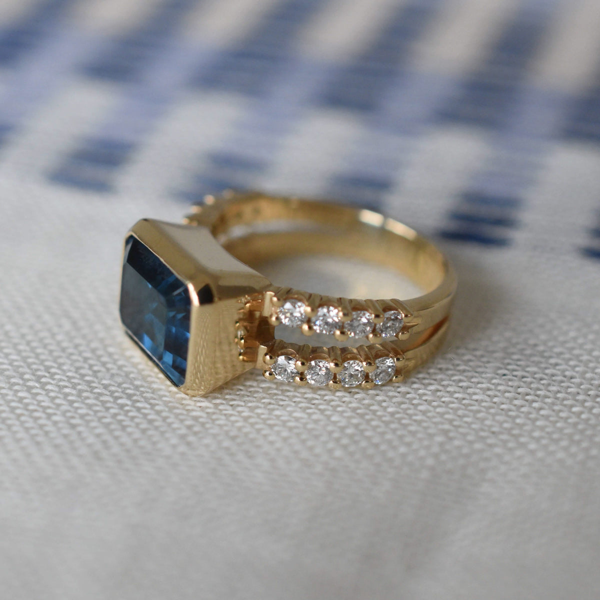 Warren Horizontal Atlantic Blue Topaz Ring with Diamonds in 14k Gold (December)