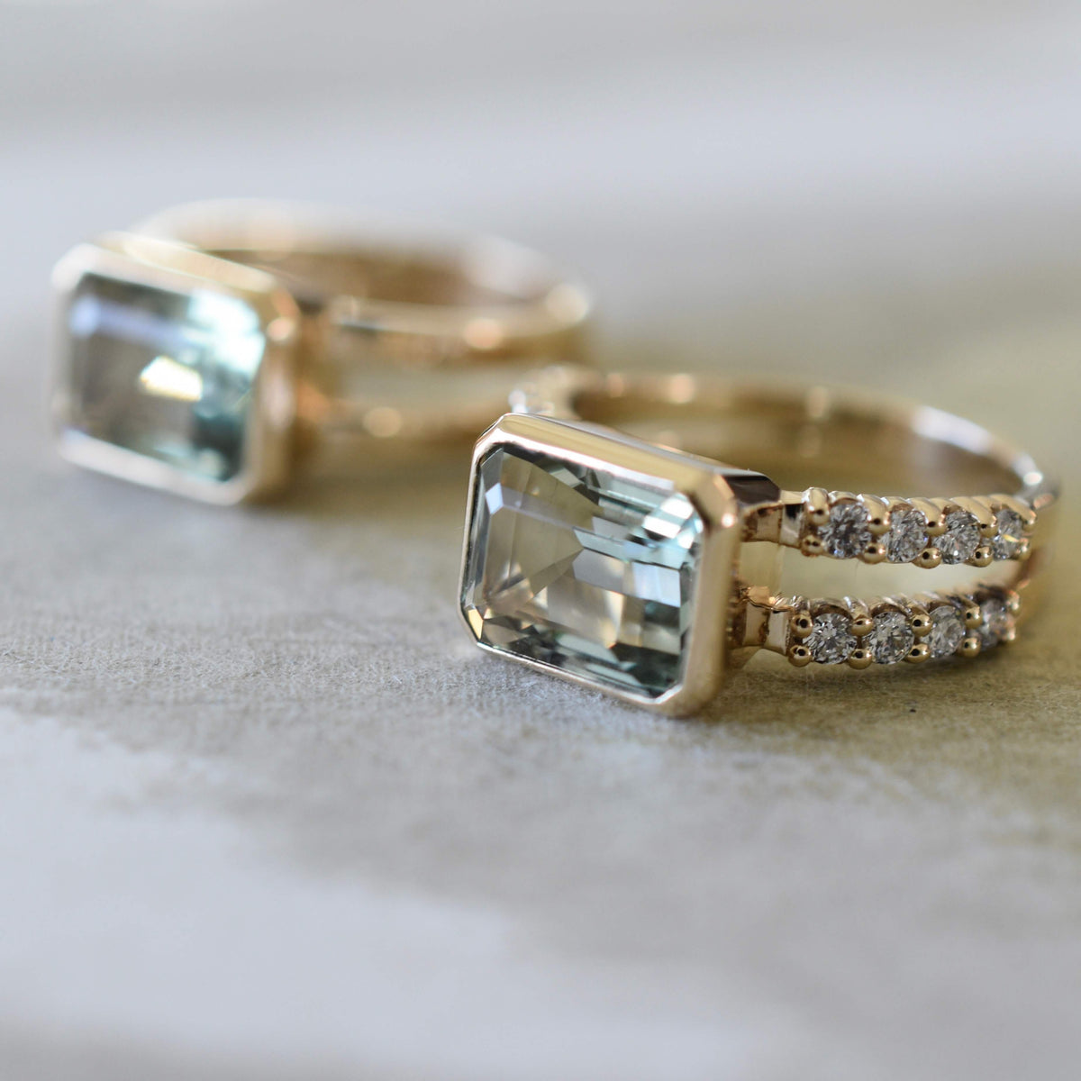 Warren Horizontal Green Amethyst Ring with Diamonds in 14k Gold (February)