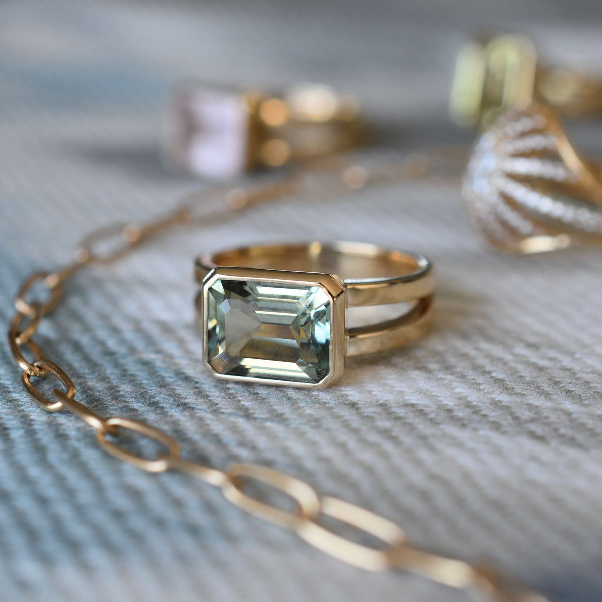 Warren Horizontal Green Amethyst Ring in 14k Gold (February)