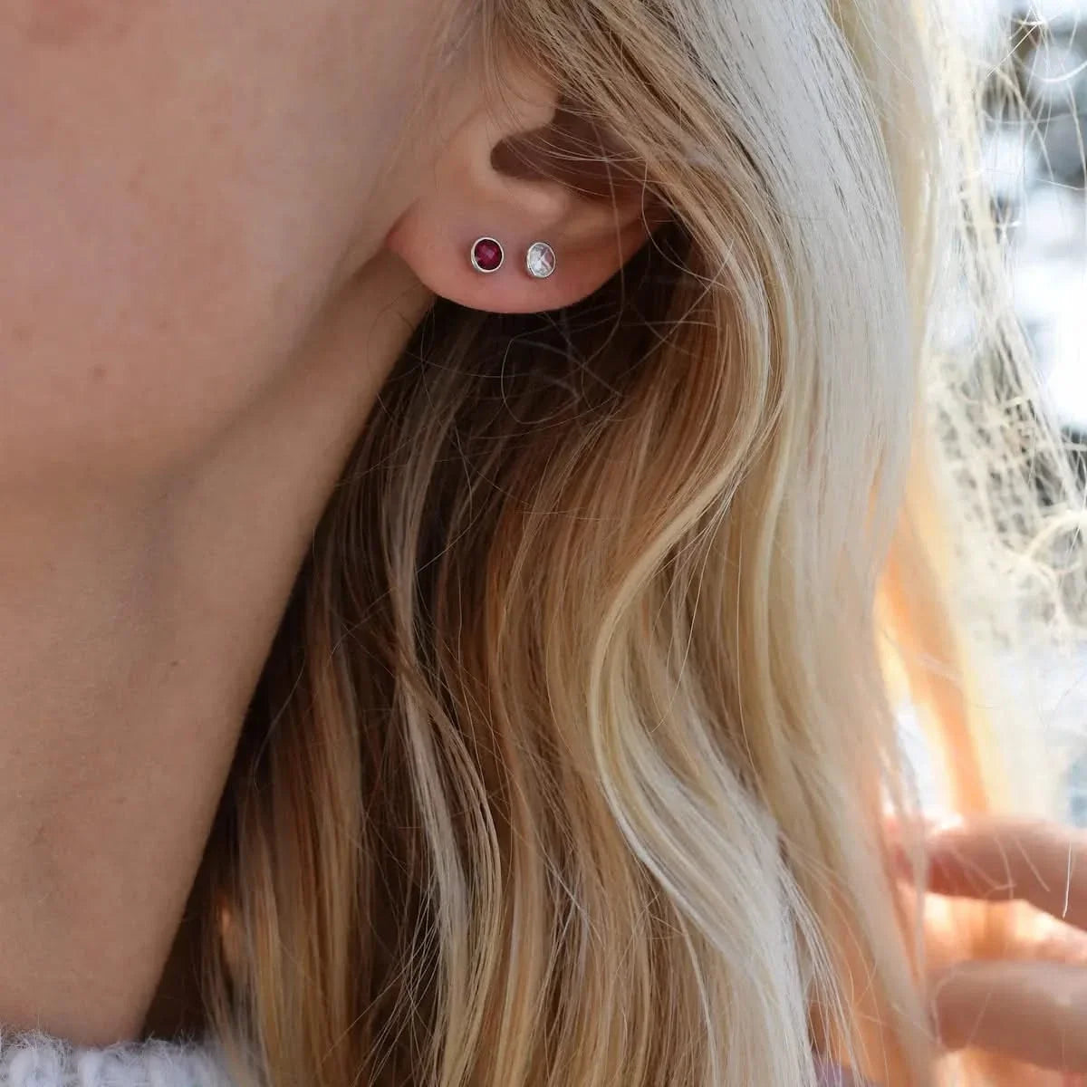 Petite Ruby Stud Earrings in 14k Gold (July)